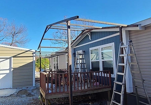 Side view of front porch roof installation in Mt. Vernon, TX