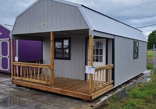 Gray angular roof wood porch office | Clarksville, TX