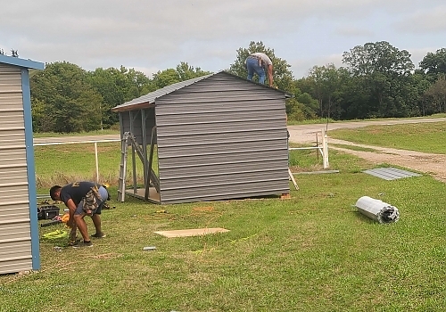 Metal shed installation in Leonard, OK